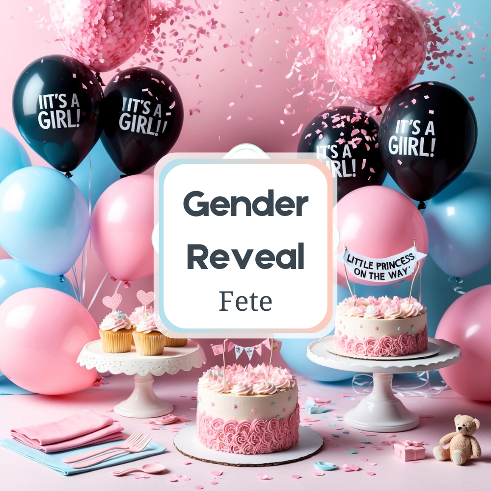 Gender Reveal Fete, O scenă plină de bucurie și culori pastelate pentru dezvăluirea genului feminin, cu baloane, confetti roz și decor tematic.